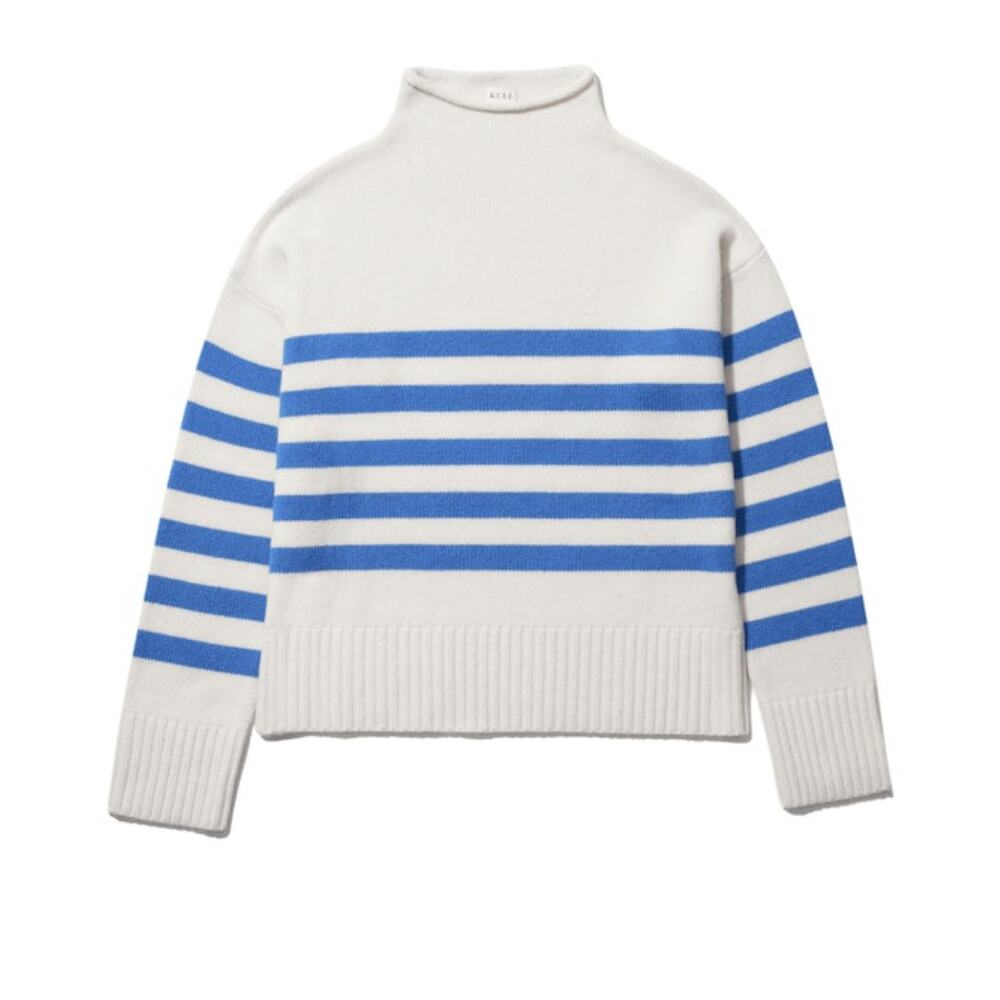 KULE Cream and Blue Striped Cashmere-blend Turtleneck Sweater. Sz L